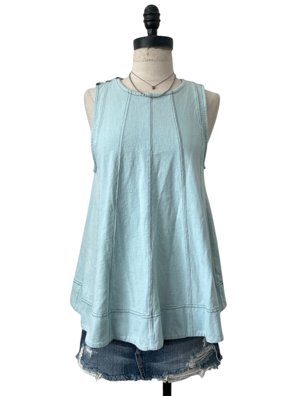 Free People Beach Swing Tank Top Blue Button Shoulder Boho Size Small